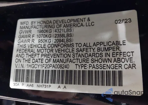 2023 Honda Accord Lx из США, поврежденный, VIN 1HGCY1F20PA008240